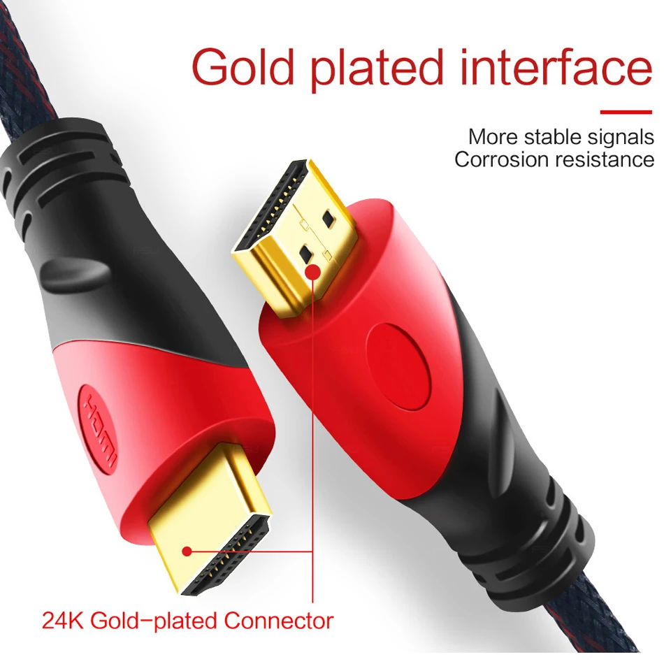 Высокоскоростной HDMI кабель позолоченный Соединитель с красной, черно-белой сеткой 1080 P, 0,5 m, 1 m, 1,5 m, 2 m, 3 m, 5 m, 8 m, 10m