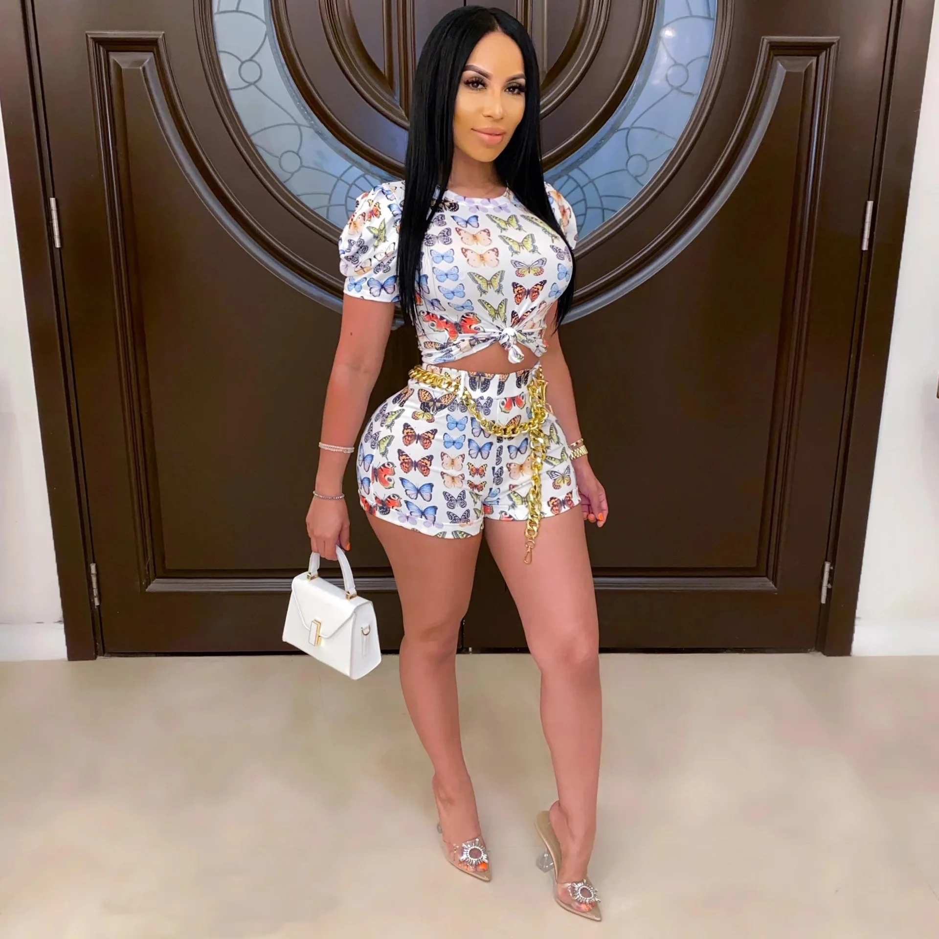 

colorful printing high street tracksuit women 2 pieces matching sets classic t-shirt crop top + skinny shorts chic suit