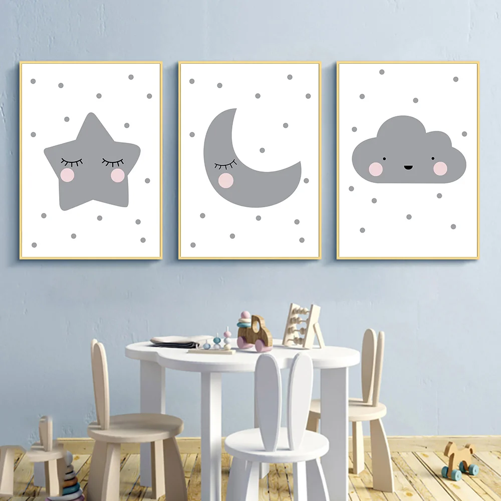 Серая луна облако солнце холст с принтом настенная живопись детский постер