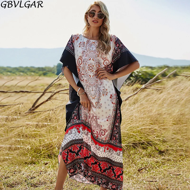 

Женское Лоскутное Платье макси с цветочным принтом, длинное платье с круглым вырезом и рукавом «летучая мышь», свободное платье с поясом в с...