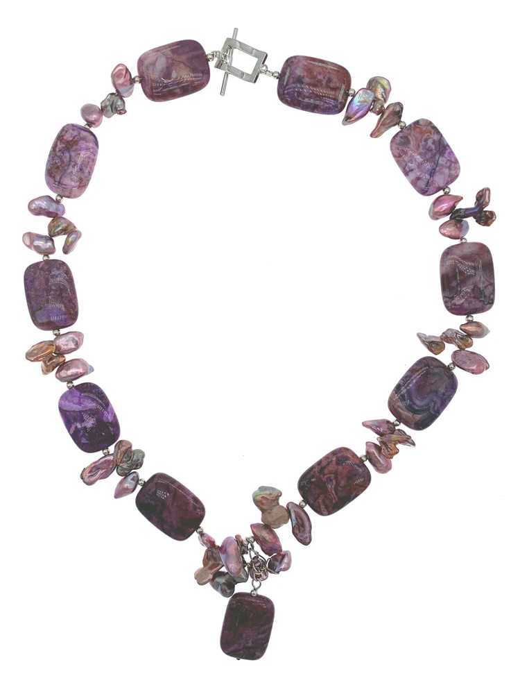 

Rectangle Purple Jasper Cluster Pendant Necklace Irregular Freshwater Keshi Pearls Dangling Trendy Gift For Women Girls 18 Inch
