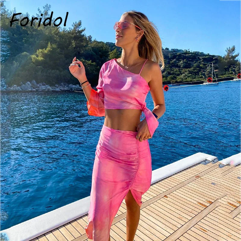 

Женский атласный комплект Foridol, летний розовый комплект из двух предметов с топом и юбкой, Шелковый пляжный сарафан, 2021