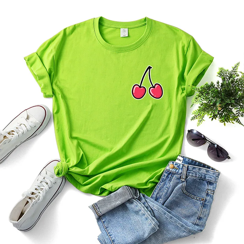 

Graphic Tees Women Cherry Print T-shirt Cotton O Neck Short Sleeve Kawaii Harajuku Summer Casual Loose Tee Shirt