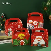stobag 12pcs christmas gift candy packaging paper box new year handmade cookies supplies handle boxes santa claus snowman