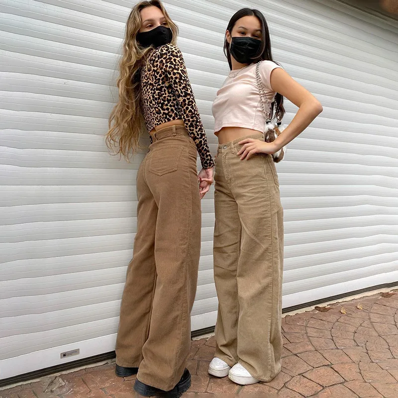 

Women Corduroy Straight-leg Pants with High Waist Version Street Casual Style Solid Color Spring Autumn Clothing