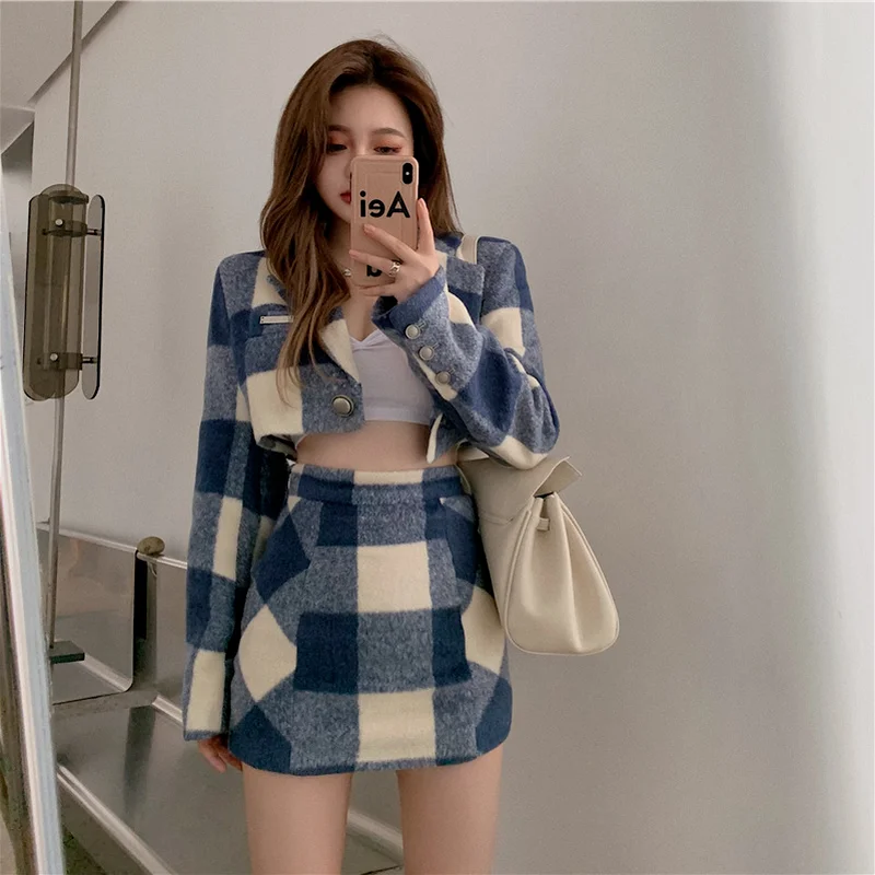 

2021 Sweet Short Plaid Blazer Suit Two Piece Set Summer Women Woollen Casual Office Blazer Girl Chic Cute High Waist Skirt Suits
