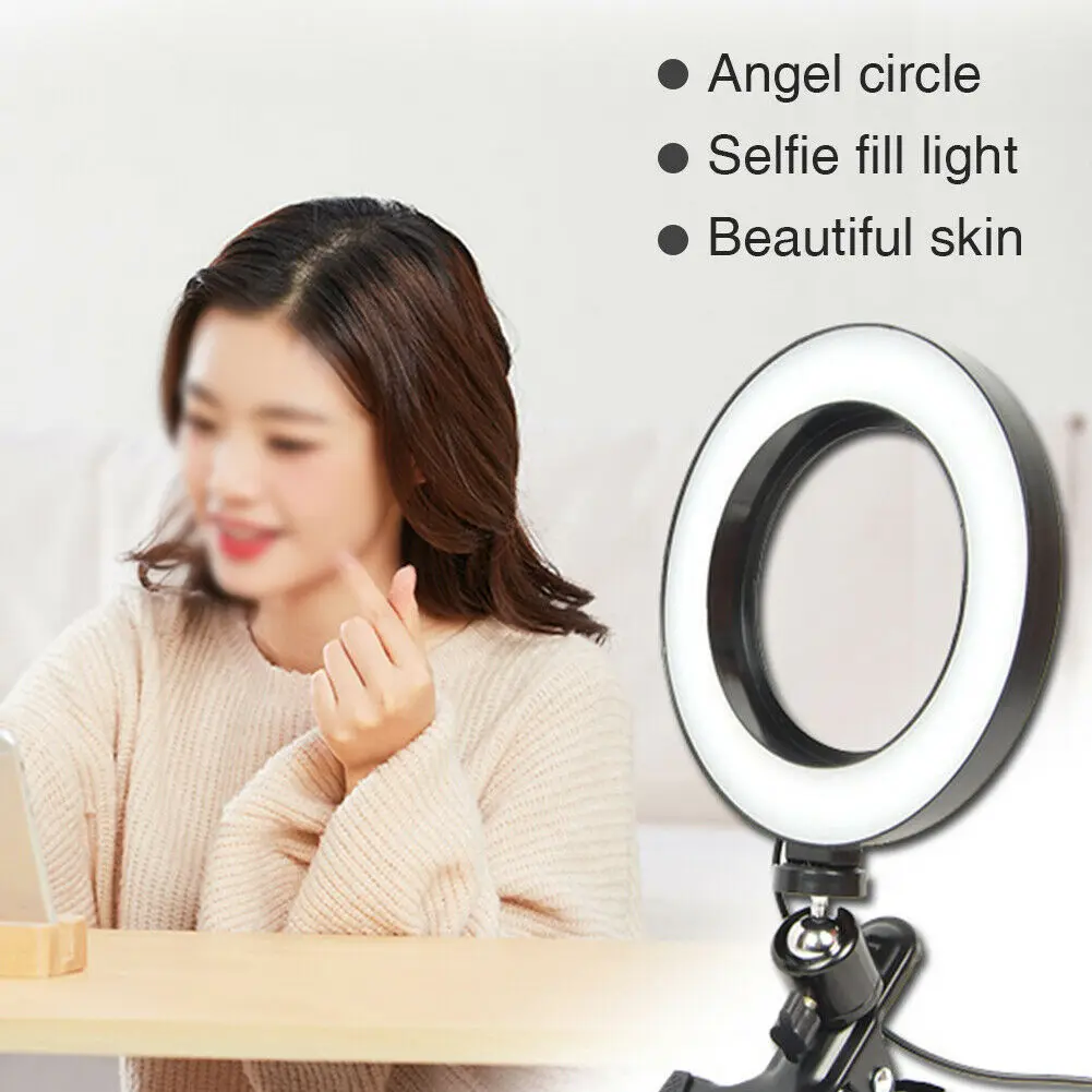 16cm Ring Light USB Lamp with Metal Ball Head Clip Brightness Adjustable Selfie Lights for Makeup Live Video Fill Light