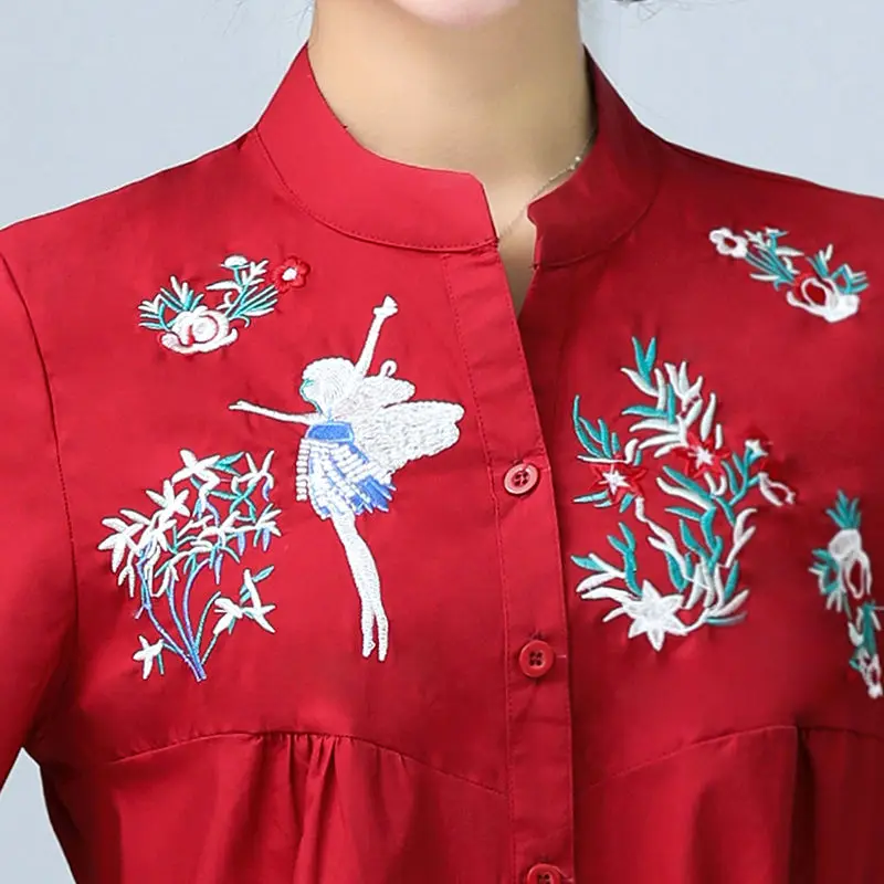 Женская Офисная рубашка с вышивкой белая блузка на пуговицах рукавом 3/4