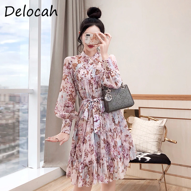 

Delocah новые 2021 осенние модные дизайнерские качественные женские вечерние миди платье с рукавами-фонариками и поясом с бантом, с цветочным пр...