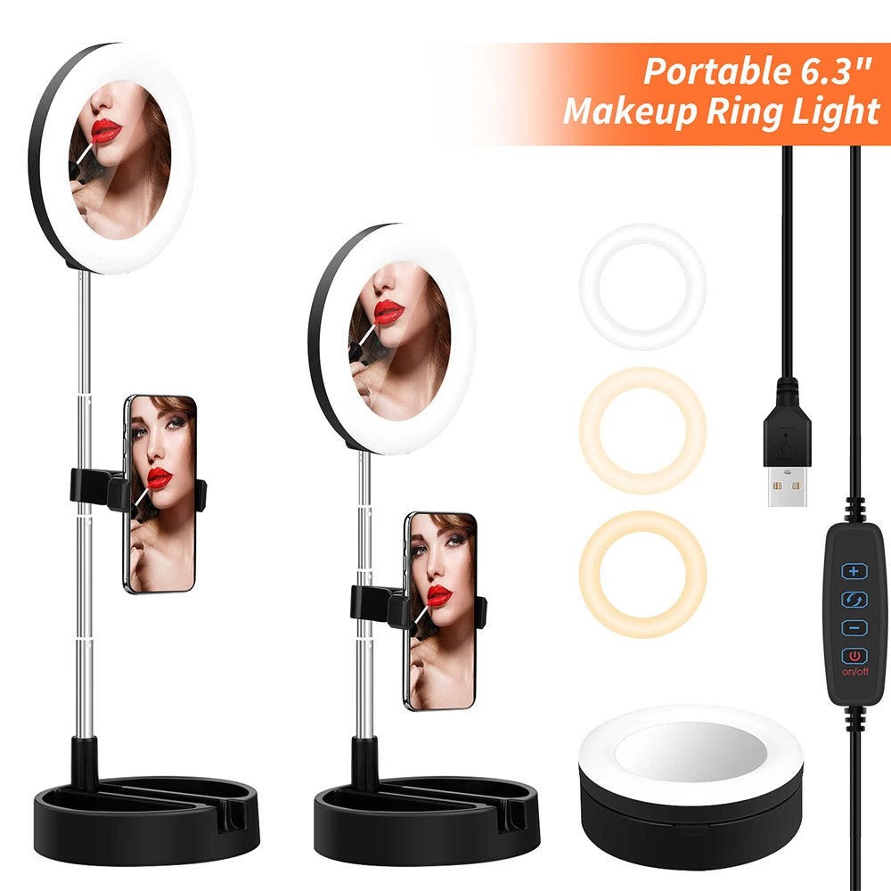 

Foldable Portable Makeup Ring Light with Mirror LED Selfie Circle Light with Adjustable Stand for Tiktok Makeup Livestream Video