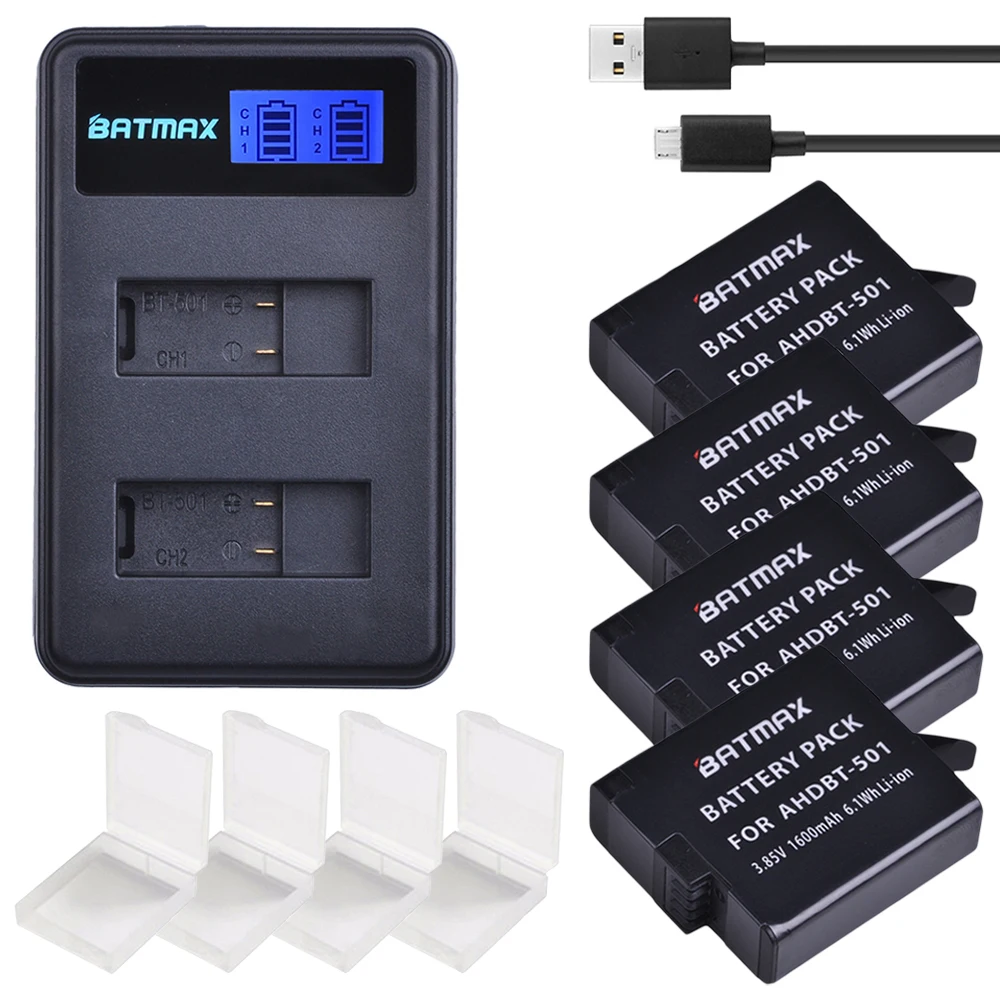 Batmax 4 шт. AHDBT-501 батарея камеры + LCD USB двойное зарядное устройство для Gopro 5 6 новая