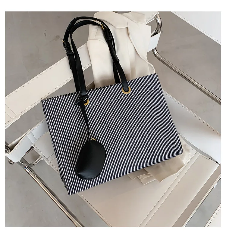 

Korea Simple Striped Canvas Bag Simple Shoulder Bag For Women Shopping And Traveling Large Capacity Women's Bag Casual Handbag