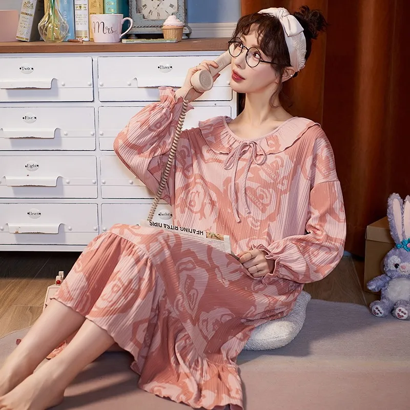 Ночная рубашка из 100% хлопка Женская домашняя одежда большого размера Милая