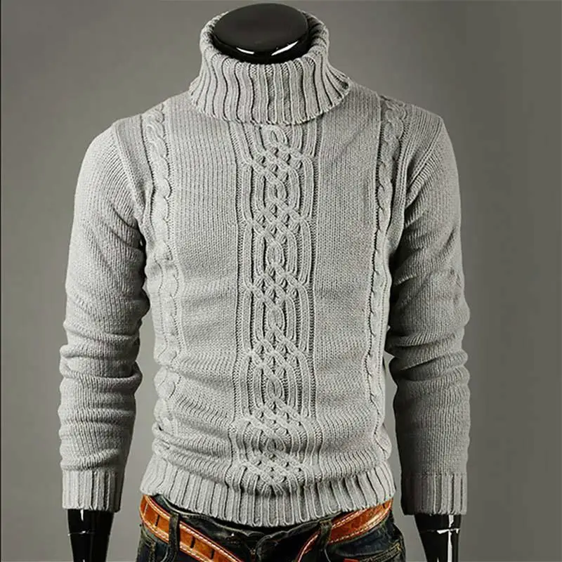 Light grey Зимний Теплый Модный повседневный необычный твист свитер с высоким воротником толстый свитер модная мужская одежда - Цвет: Light grey