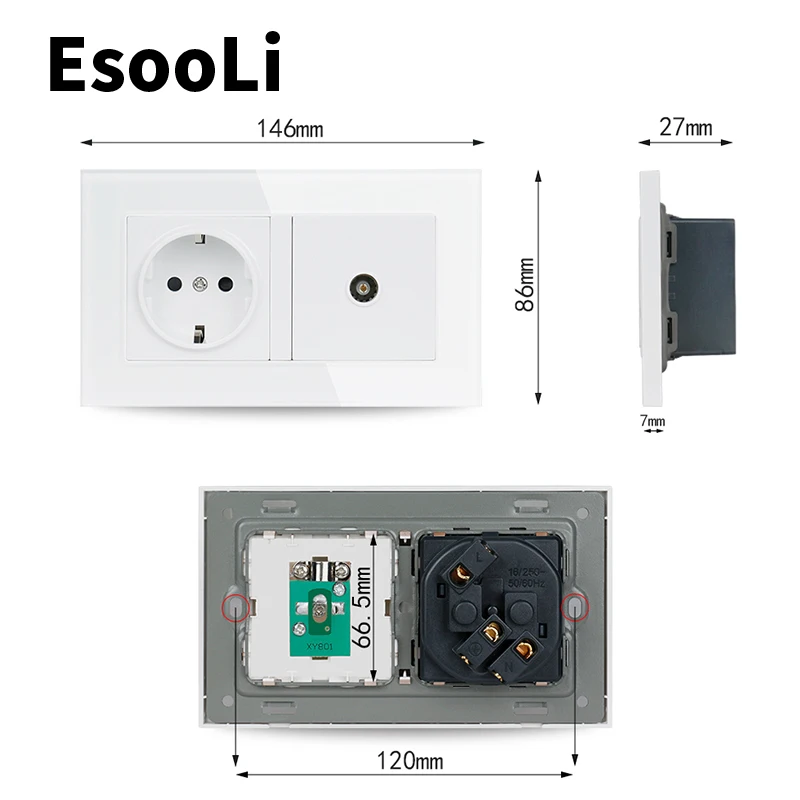 Европейская настенная розетка EsooLi 16 А черная с заземлением гнездом для
