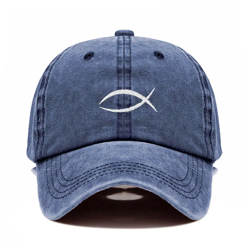 

New Vintage Washed Cotton Simple Fish Embroidery Baseball Cap For Men Women Dad Hat Golf caps Snapback Cap Dropshipping