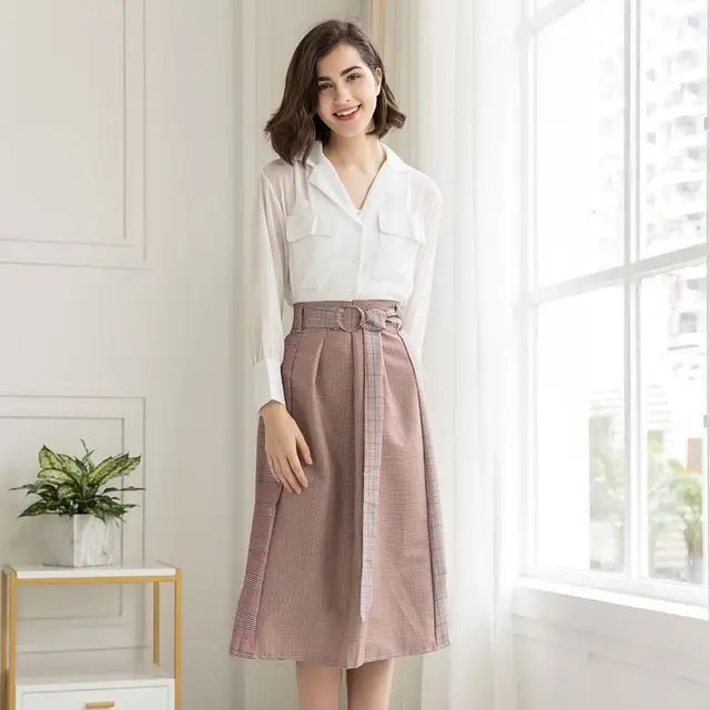 Женский комплект из 2 предметов шифоновая блузка и винтажная клетчатая миди-юбка