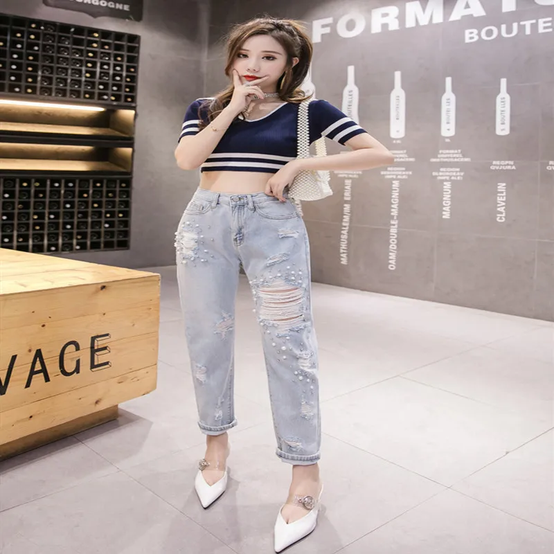 jeans woman high waist Ripped pearled Slim Denim Pants Boyfriend Jeans Trousers Ladies Womens Daily Casual Jean Pant | Женская одежда