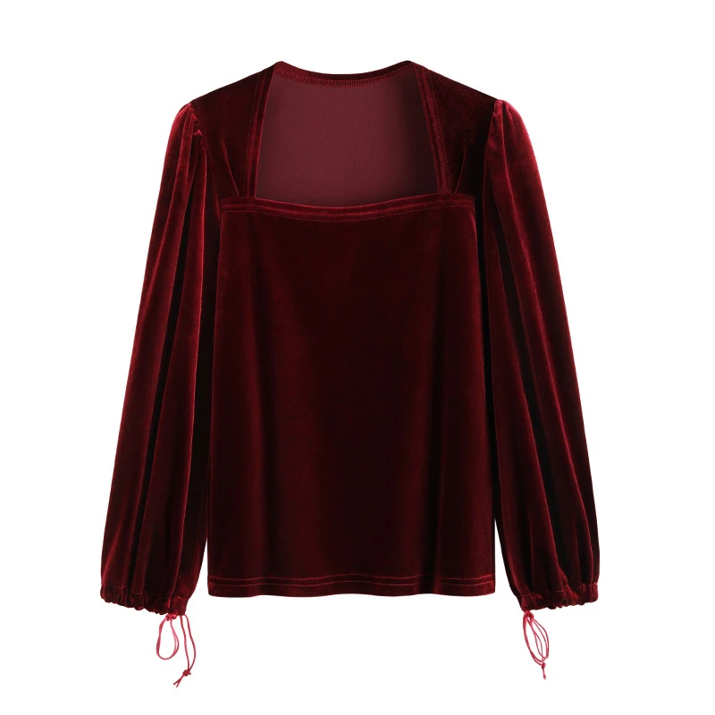 

Autumn Winter Woman's Tshirts Vintage Square Solid Neck Green Black Long Puff Sleeve Pleuche T Shirt Womens Tops Mujer Camisetas