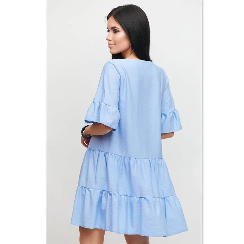 

Women Vintage Falre Sleeve Ruffled A-line Dress Short Sleeve Sexy V neck Solid Casual Mini Dress 2021 Summer Fashion Women Dress