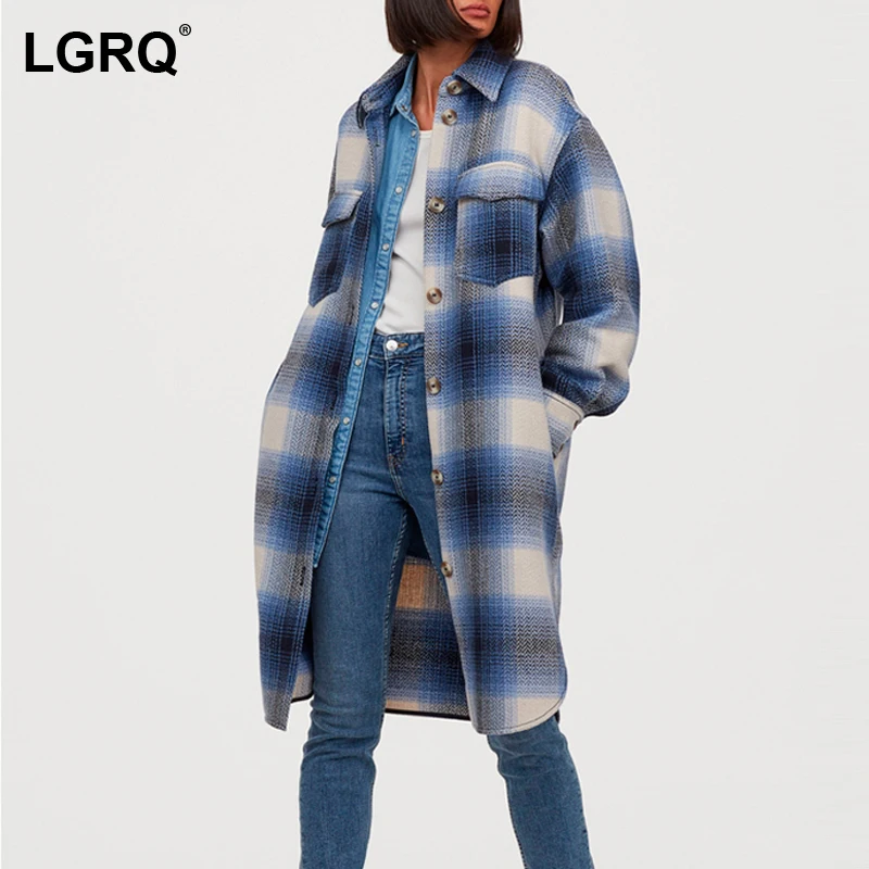 

[LGRQ] New Vintage Plaid Long Jacket Coat Women's 2021 Autumn Shirt Jackets Female Streetwear Ladies Woolen Coats 19D5378