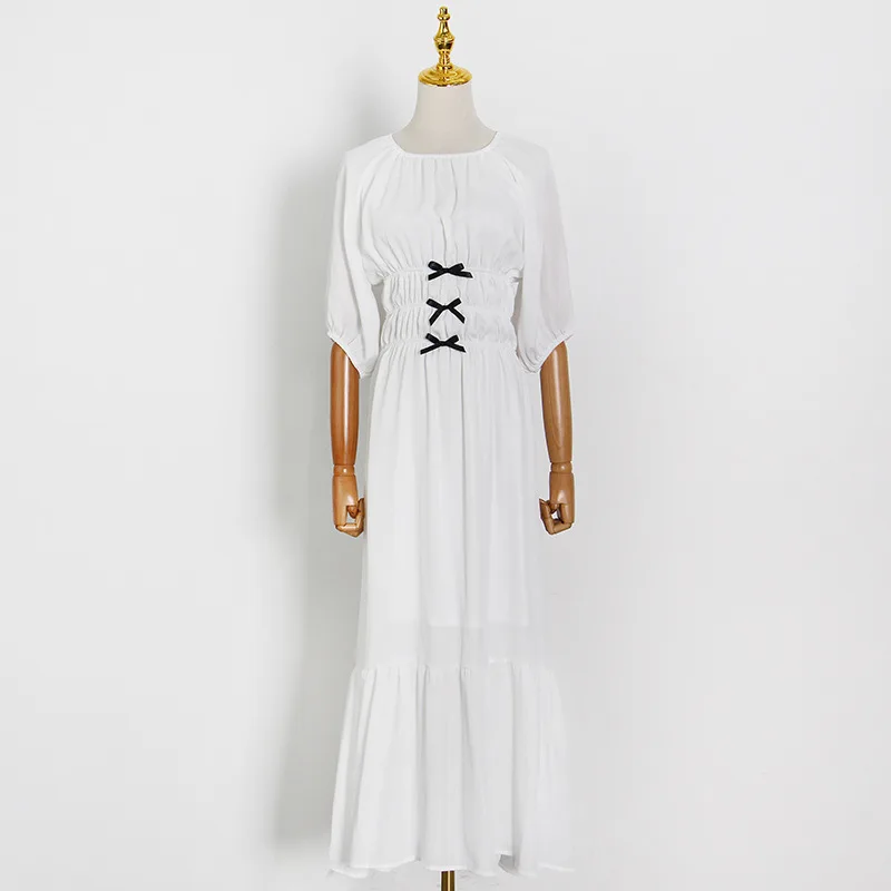 

HIGH QUALITY2021 Summer New Personality Puff Sleeve Round Neck Waistless Back Lace Big Swing Dress