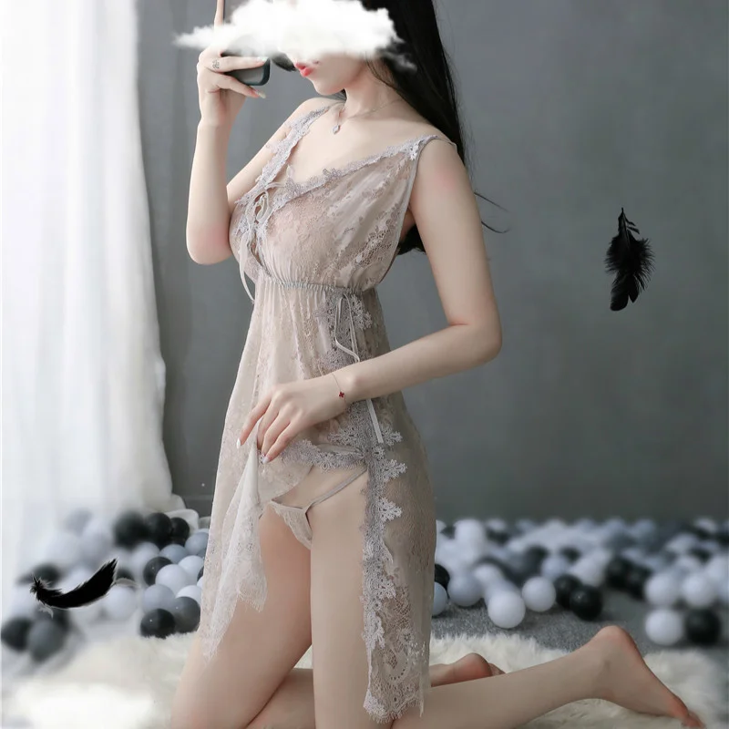 

Winter Nightgown Women Sleepwear Fairy Split Slip Nightdress Floral Lace Low-Cut Deep V Backless Lingerie Spaghetti Strap Dress