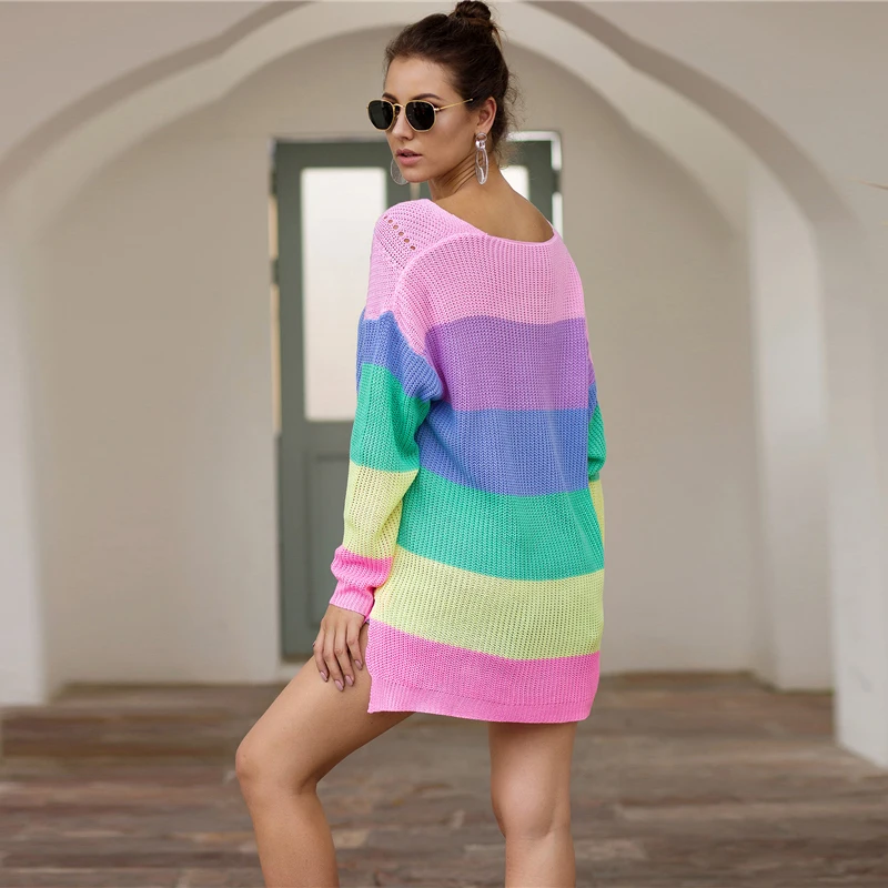 SHEIN Радуга Полосатый Падение плеча Длинный свитер женские топы осень уличная одежда с длинным рукавом V шеи негабаритных Сплит свитера