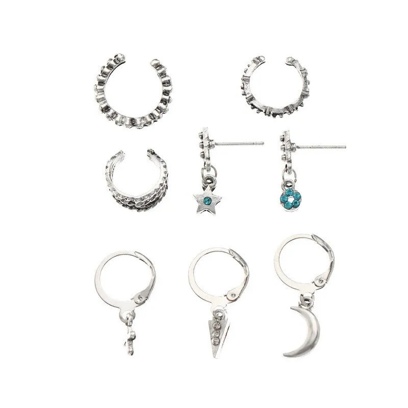 

Hiphop Silver Color Star Moon Cross Eye Stud Earring for Women Girl Metal Geometric Tassel Piercing Ear Cuff Brincos Party Gifts