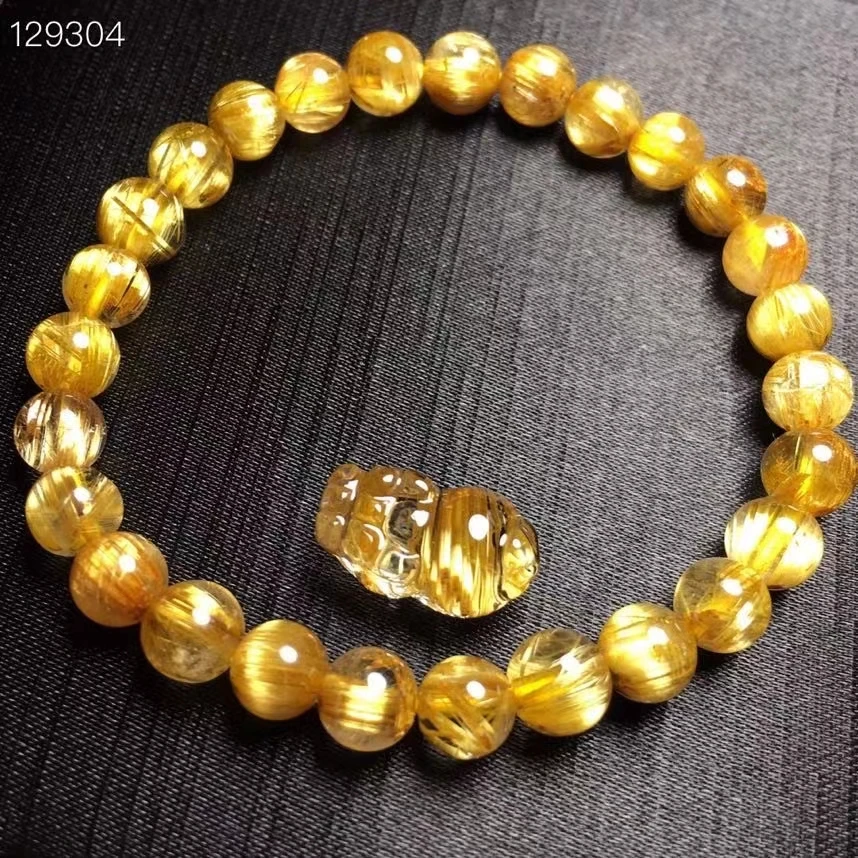 Verkaufen Echte Natürliche Brasilien Gold Rutilated Titan Quarz Armband 6,6mm Frau Mann Runde Perlen Pi Xiu Anhänger 15.5*8.9*8mm AAAAA