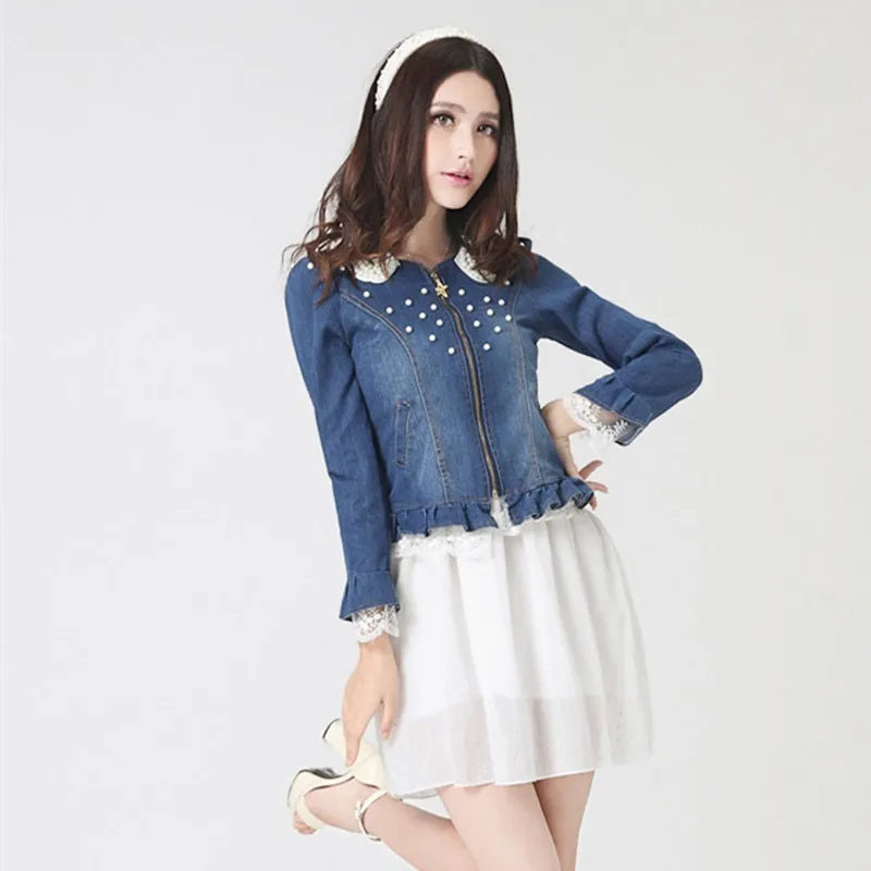 Женская джинсовая куртка WSYORE новая с потертым жемчугом на воротнике кружевное