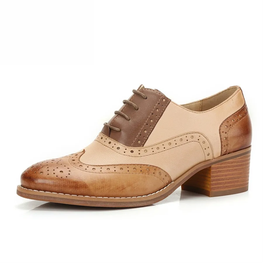 

Women Genuine Leather Shoes Woman Laces Thick Heel Pumps Oxford Handmade Brogues Spring Shoes 2019 Ladies Summer Shoes