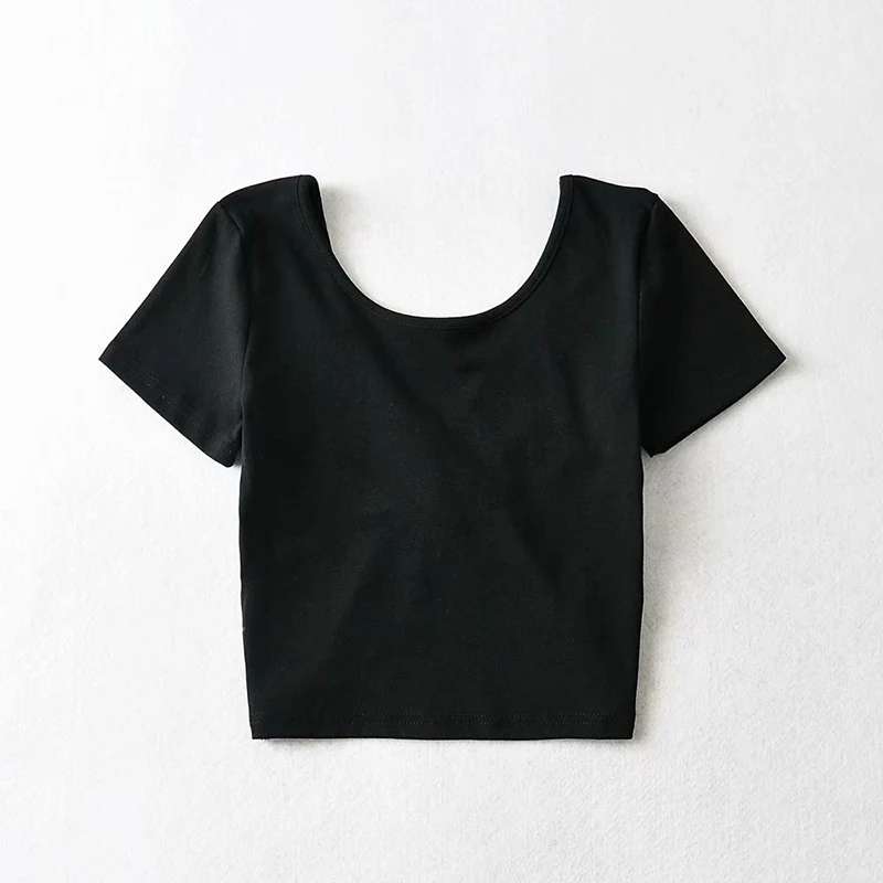 

Women Solid T-shirt Y2K O-neck Short Sleeve Sexy Backless Cross Hollow Out Slim Skinny Crop Top Casual Elastic Streetwear Summer