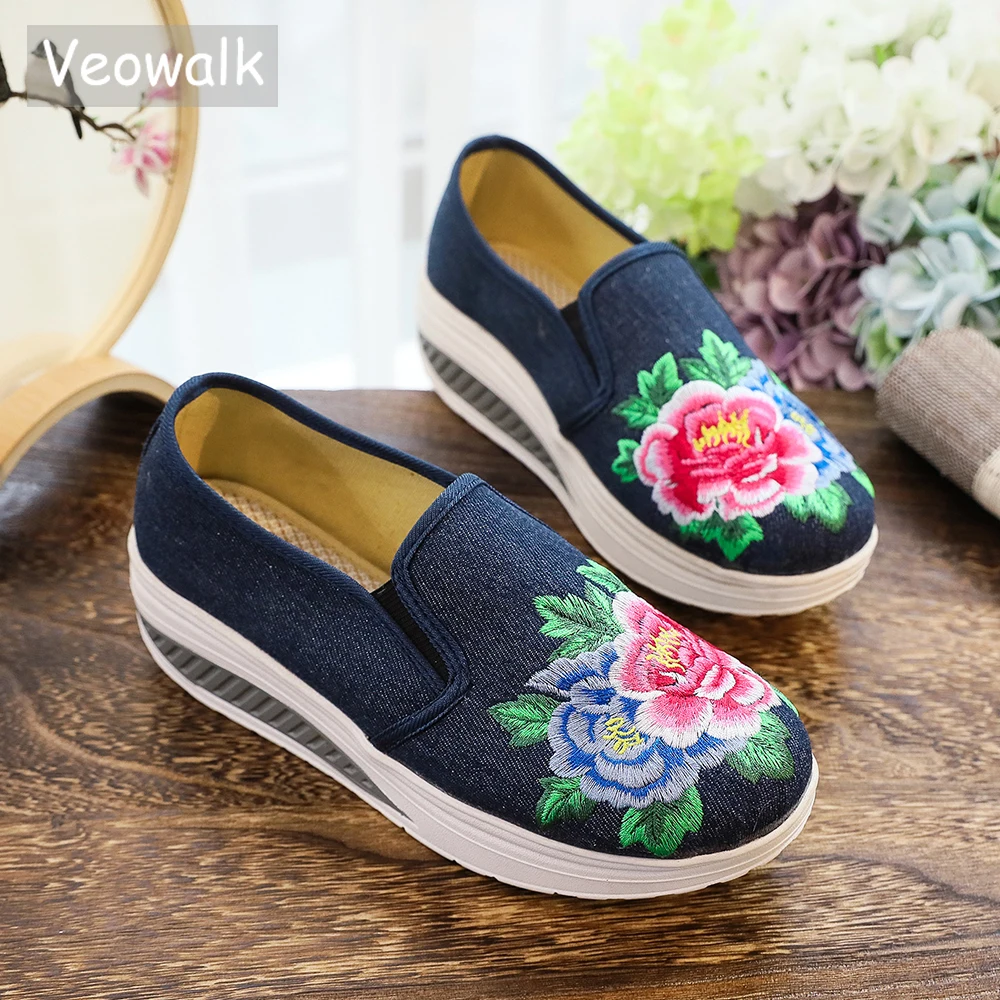 

Veowalk Cotton Floral Embroidery Women's Fashion Canvas Flat Platforms Slip on Ladies Casual Comfort Loafer Shoes Zapatos Mujer