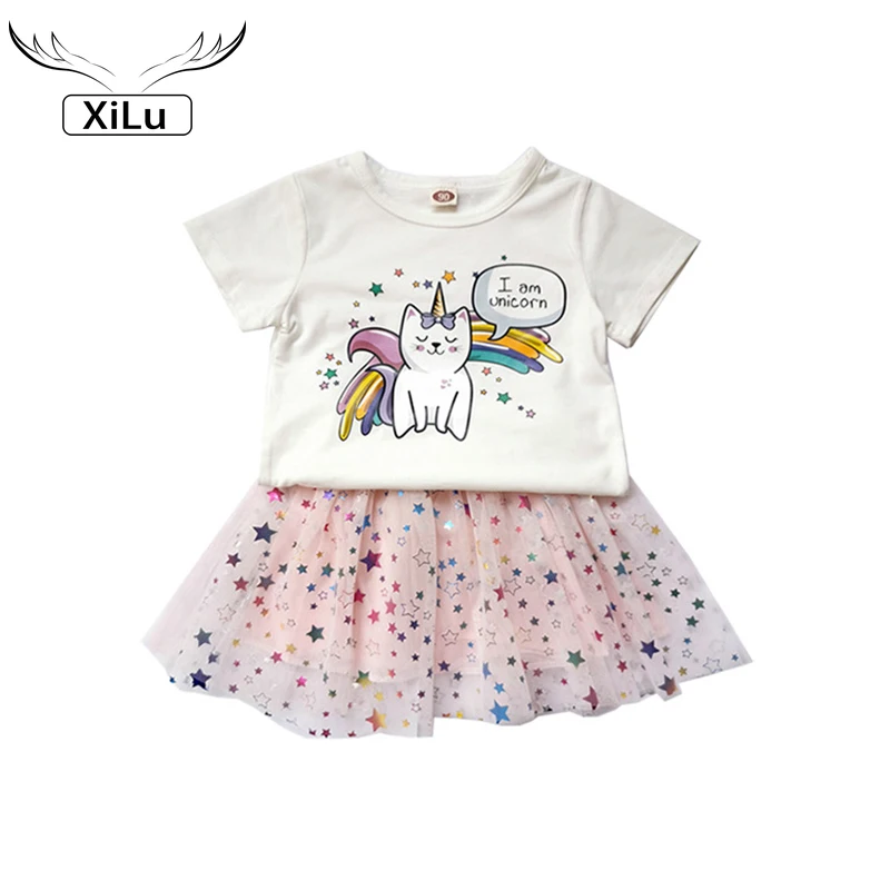 

Baby Girls Clothes Boutique Girl Cute Cartoon Print Short Sleeve T-shirt+StarMesh Dress 2pieces Set Kids Princess Dress Sets