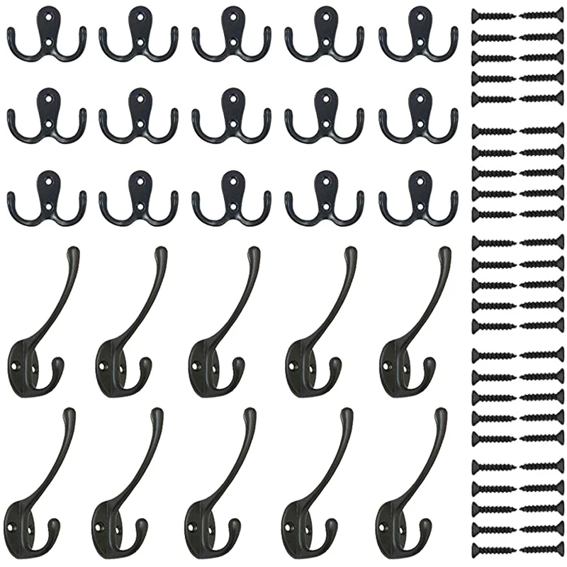 

15 Pieces Double Prong Robe Hook Cloth Hanger and 10 Pieces Heavy Duty Dual Coat Hooks Wall Mounted with Screws