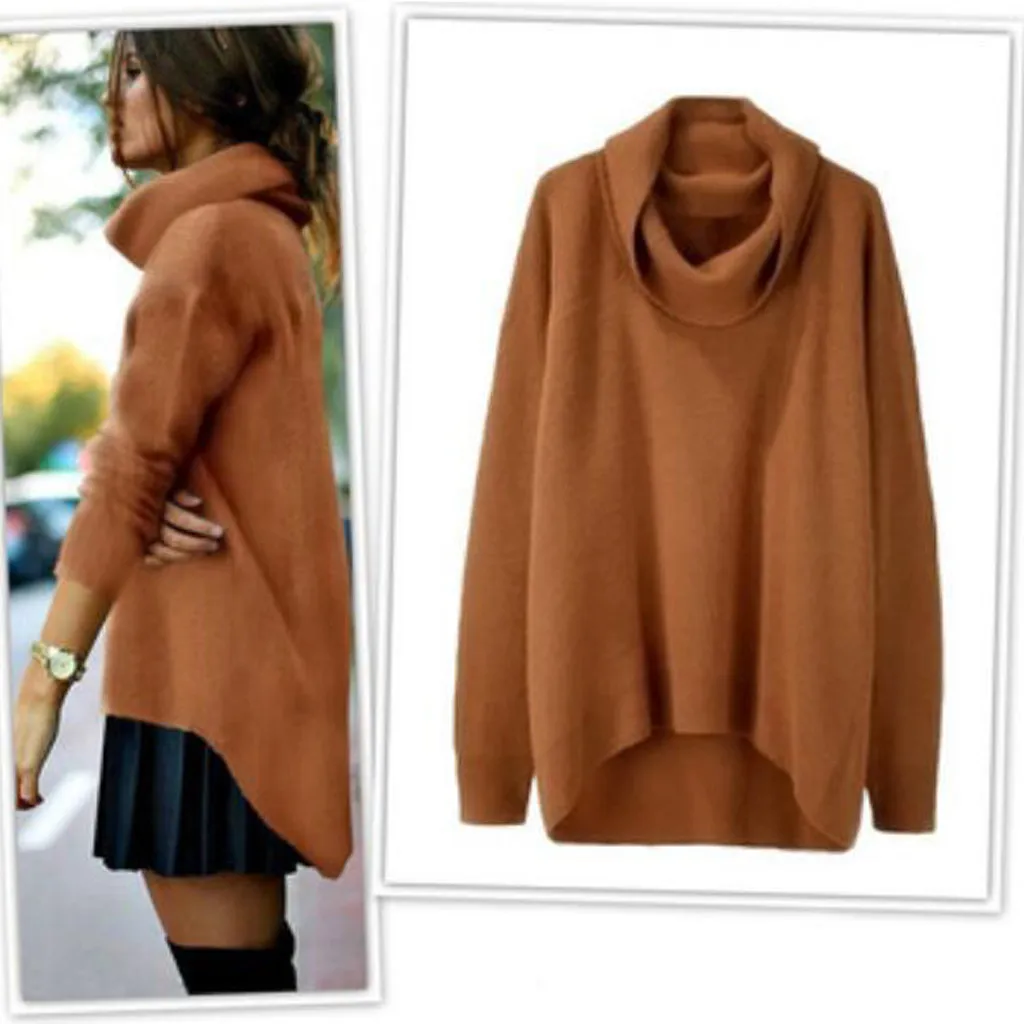 

Свитер женский с высоким воротником, элегантный пуловер асимметричного кроя с высоким воротником и длинным рукавом, свободный плотный вяза...