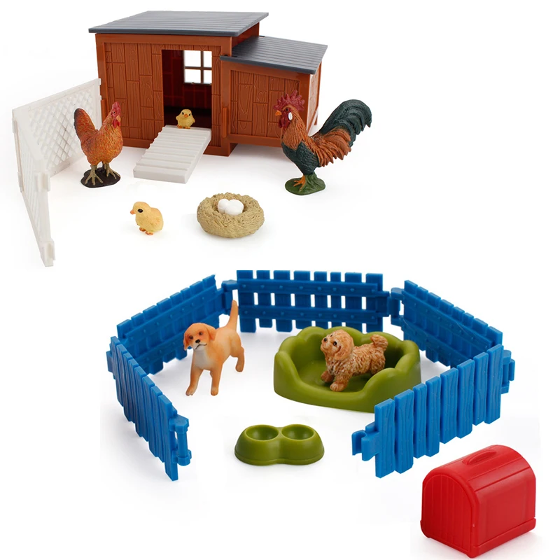 

Simulation Farm Set Figurines Dog Kennel Rooster Hen With Fenced Chicken Coop Animal Action Figure Model Toys For Children Gifts