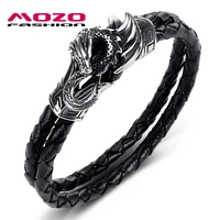 fashion men jewelry black double layer leather bracelet stainless steel punk dragon wings bangles