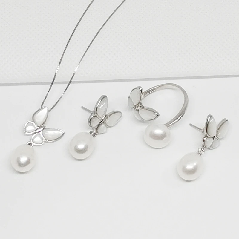 

MeiBaPJ Real 925 Sterling Silver Butterfly Wedding Jewelry Set Natural Rice Pearl Pendant Ring and Earrings Fine Sets for Women