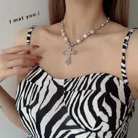 2021 korean fashion pearl cross choker collar for women men hip hop crystal punk goth gothic neck chain shinny bling necklace