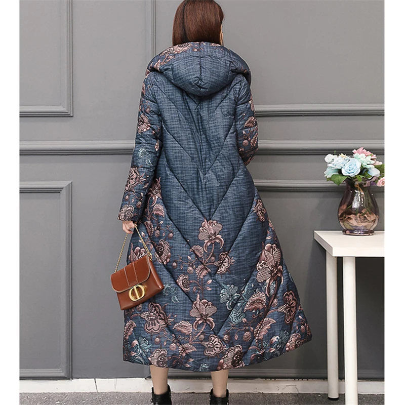 

Mid-Length Printed Cotton-Padded Jacket Women 2021 Winter Fashion New Middle-Aged And Elderly Hooded Long-Sleeved Warm Coat 372