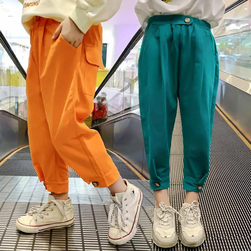 

Cotton Girls Pants Bright Color Cargo Pants Harem Casual Loose Joggers Sweatpants Children Girls Clothes Hip-hop pocket Overalls