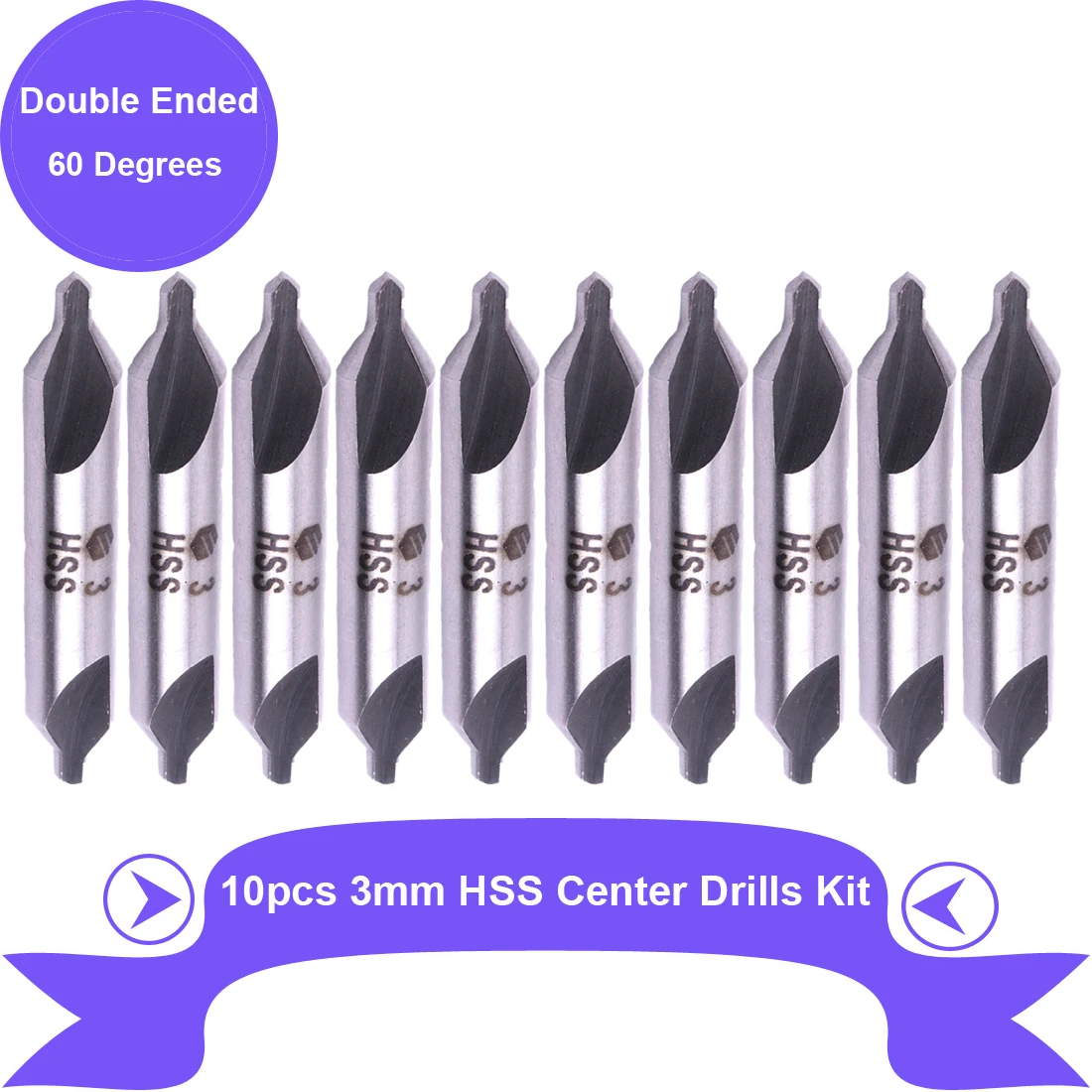 10pcs 3mm High Speed Steel Center Drill Bits Set A-Type 60 Degree Double Ended Combined Countersink Drill Kit Metal Drill Bit