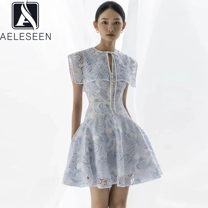 

AELESEEN Women Blue Summer Lace Dress 2022 Designer Fashion Cloak Hollow Out Flower Embroidery Slim Party Mini Ladies Dress