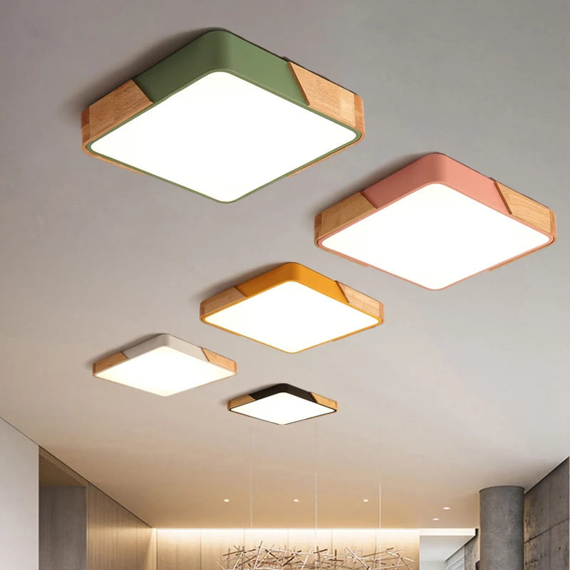 Nordic Square Oak Alloy Led Chandelier Lighting Living Room App Dimmable Led Ceiling Chandelier Lamp Bedroom Led Lights Fixtures
