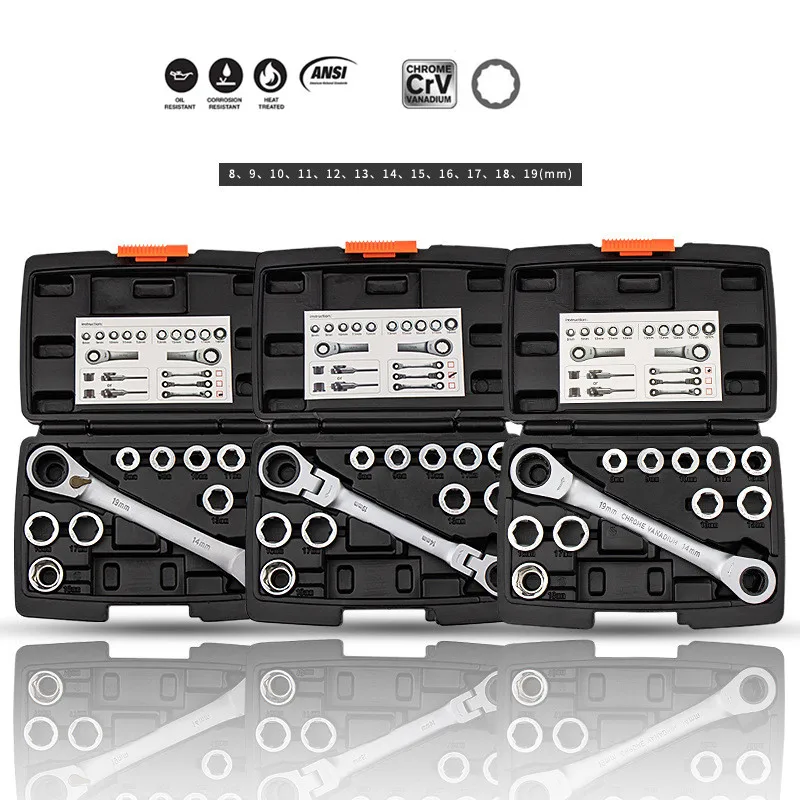 

Ключ ключ с храповым механизмом, двойная коробка Torx 14 мм x 19 мм, Реверсивный многофункциональный с головками для бытовой техники, оборудования, ремонтных инструментов