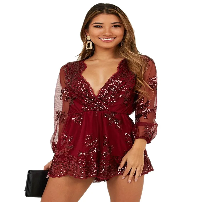 

Sexy women's v-neck long sleeved gold romper sequined street wear loose women's romper