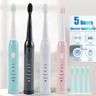 Перезаряжаемая электрическая зубная щетка, ультразвуковая мощная Автоматическая умная зубная щетка со сменными насадками для зубной щетки, 5 режимов, для взрослых
