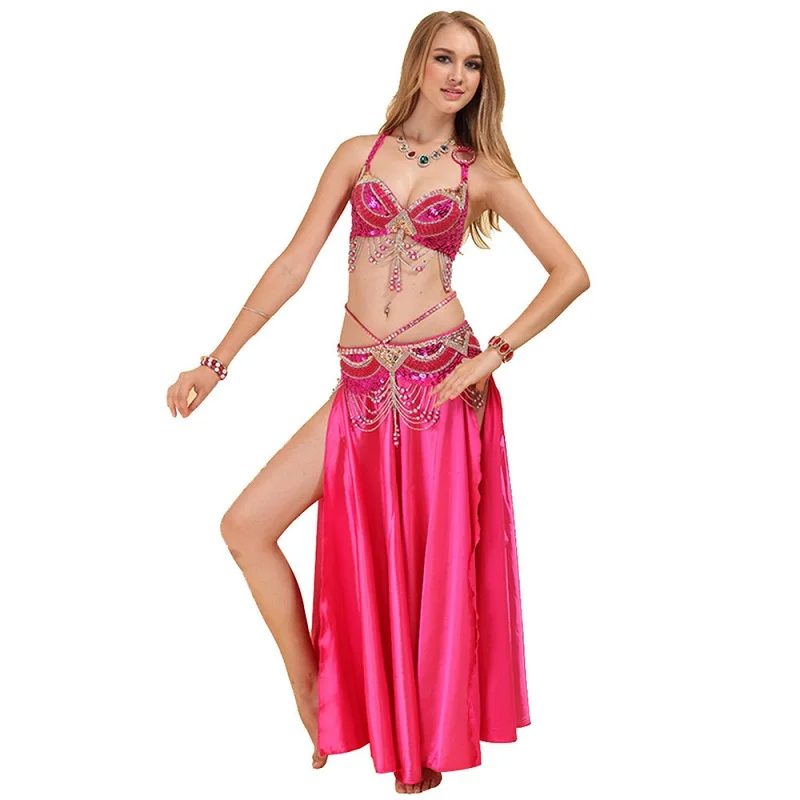 

India Belly Dance Costumes Women National Dancer Stage Performance Clothes Beaded Ladies Bra + Belt +Skirt Suits